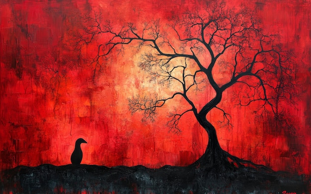 a painting of a tree with a bird on it