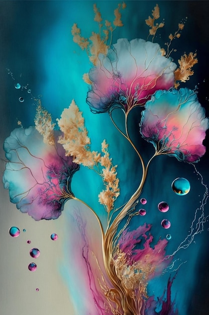 Painting of a tree with bubbles coming out of it generative ai