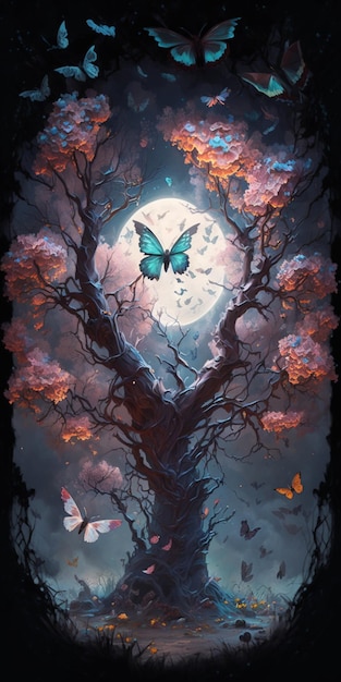 Painting of a tree with butterfly on it and moon in the background generative ai