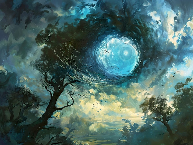 a painting of a tree with a circle in the middle