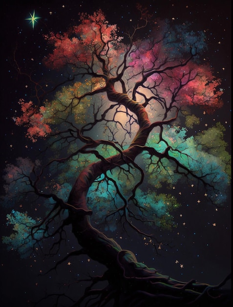 A painting of a tree with a colorful tree in the background.