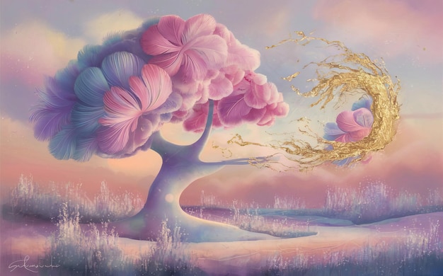 a painting of a tree with a flower in it