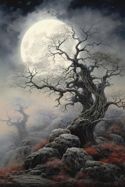 Painting of a tree with a full moon in the background generative ai