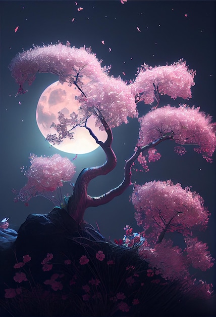 Painting of a tree with a full moon in the background generative ai