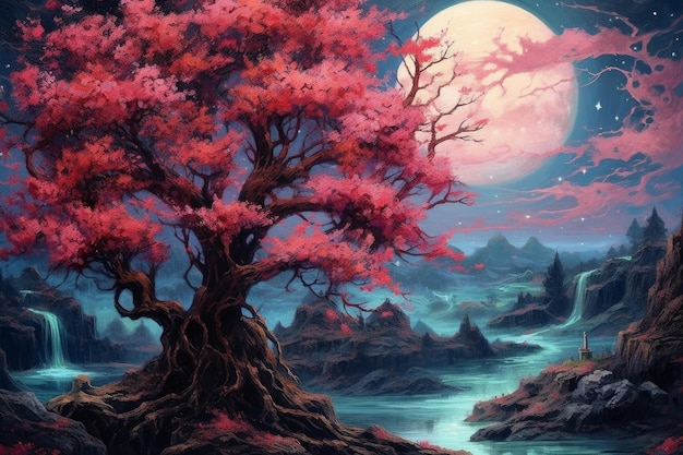 A painting of a tree with a full moon in the background