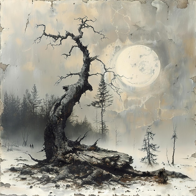 a painting of a tree with a full moon in the background