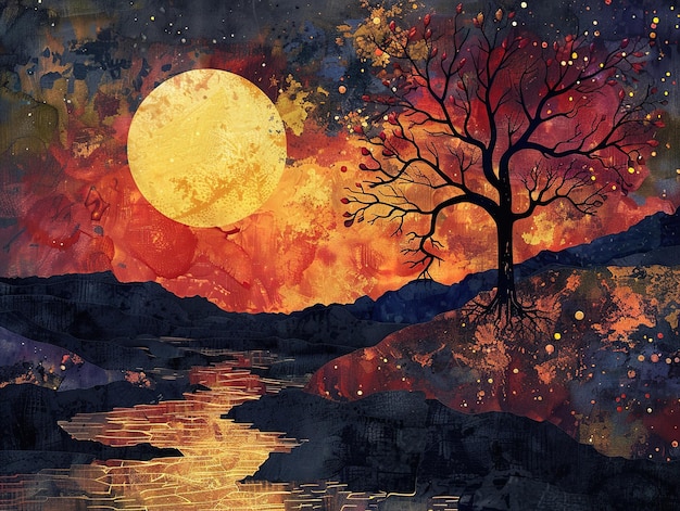 a painting of a tree with a full moon and the moon in the background