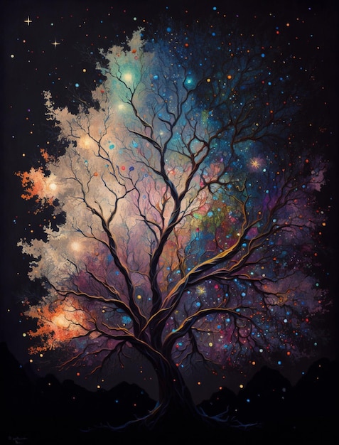 A painting of a tree with a galaxy background