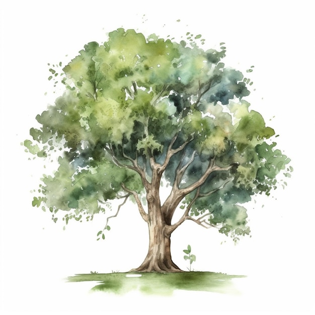 A painting of a tree with green leaves and a white background generative ai