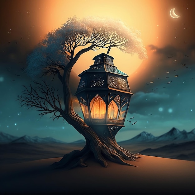 A painting of a tree with a lantern on it