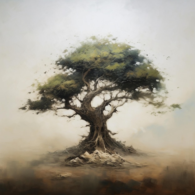 painting of a tree with a lot of leaves on it generative ai