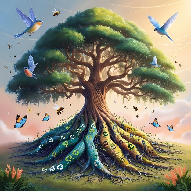 a painting of a tree with many birds and the word quot the word quot on it