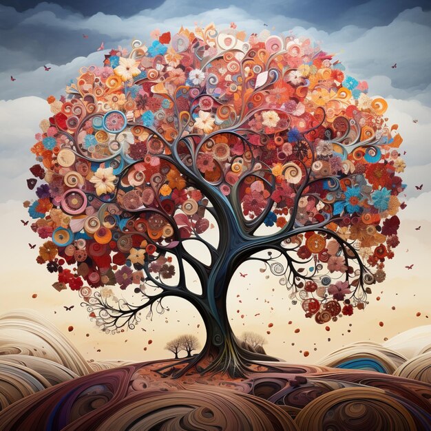 Painting of a tree with many colorful flowers in a field generative ai