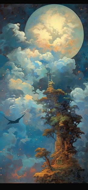 A painting of a tree with a moon and a bird on it.