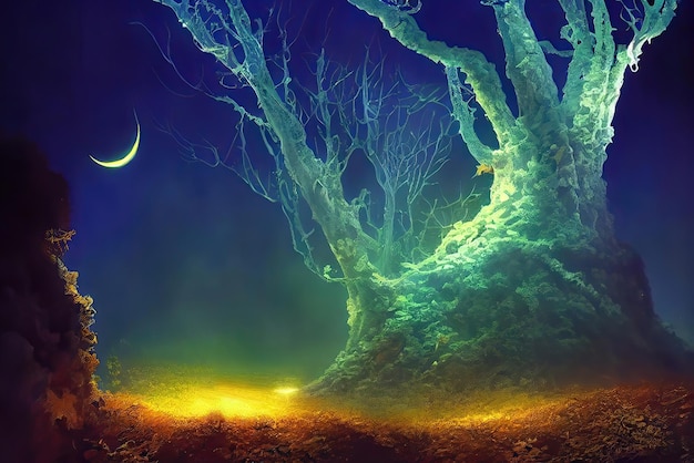 A painting of a tree with a moon in the sky