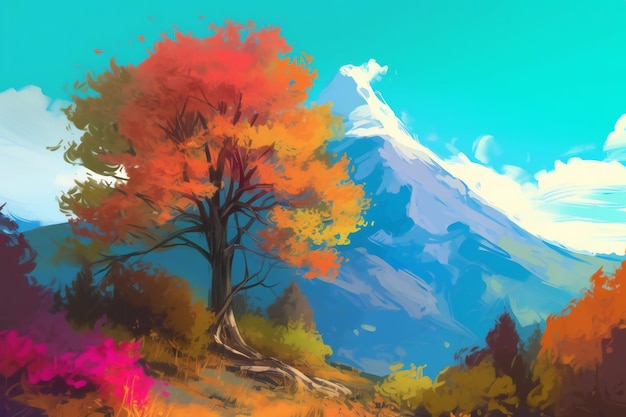 A painting of a tree with a mountain in the background