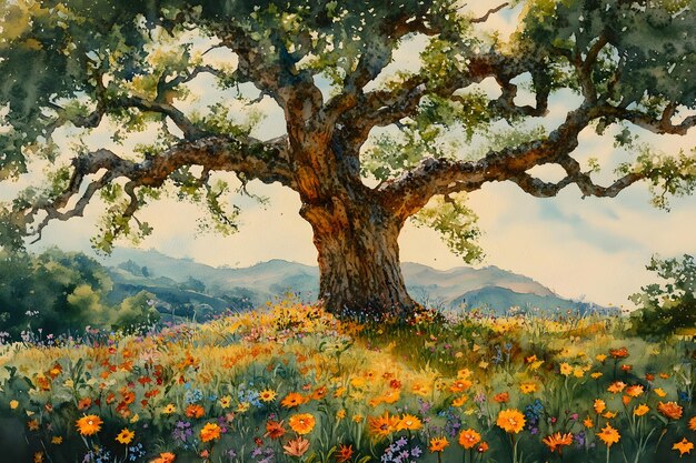 Photo a painting of a tree with a mountain view in the background