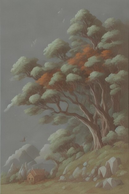 Photo a painting of a tree with orange and white leaves