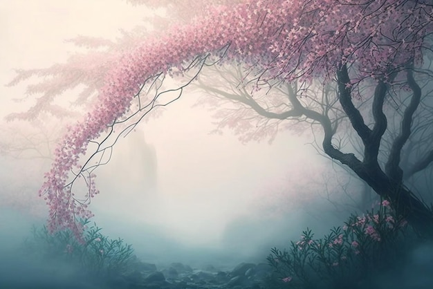 A painting of a tree with pink flowers in the background