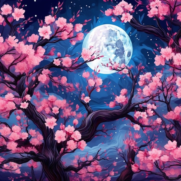 a painting of a tree with pink flowers and a full moon generative ai