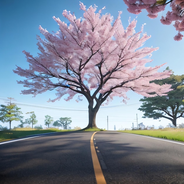 A painting of a tree with pink flowers on it