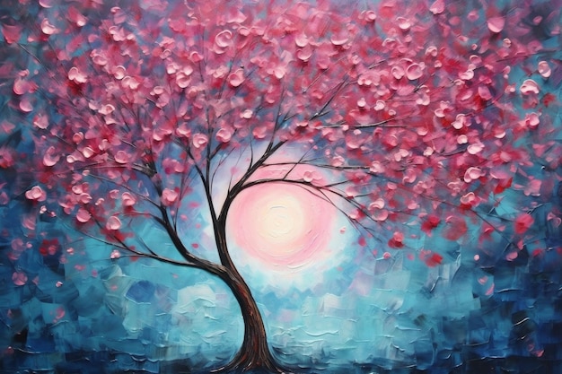 A painting of a tree with pink flowers