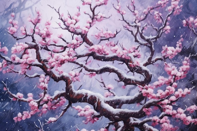 A painting of a tree with pink flowers