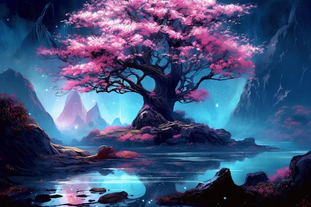 A painting of a tree with pink flowers