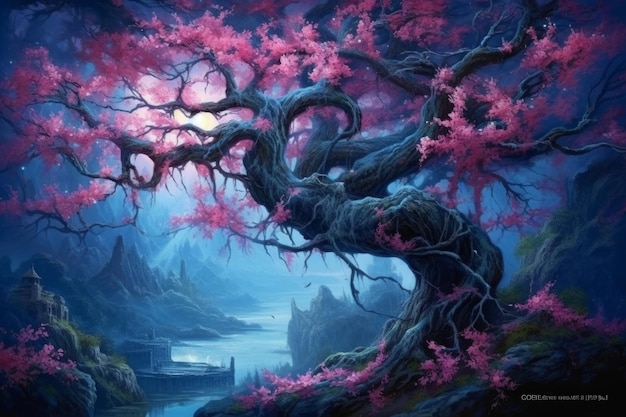 A painting of a tree with pink flowers