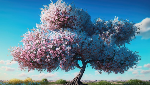 A painting of a tree with pink flowers