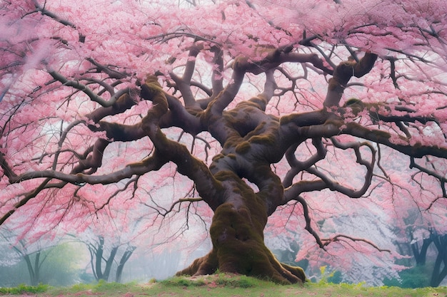 A painting of a tree with pink flowers