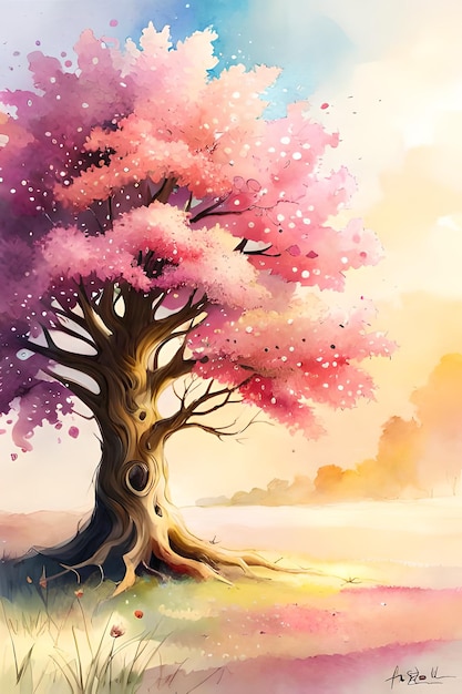 A painting of a tree with pink leaves and the word love on it.