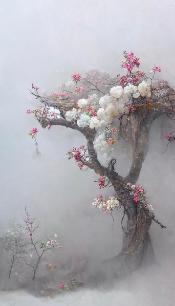 Painting of a tree with pink and white flowers generative ai