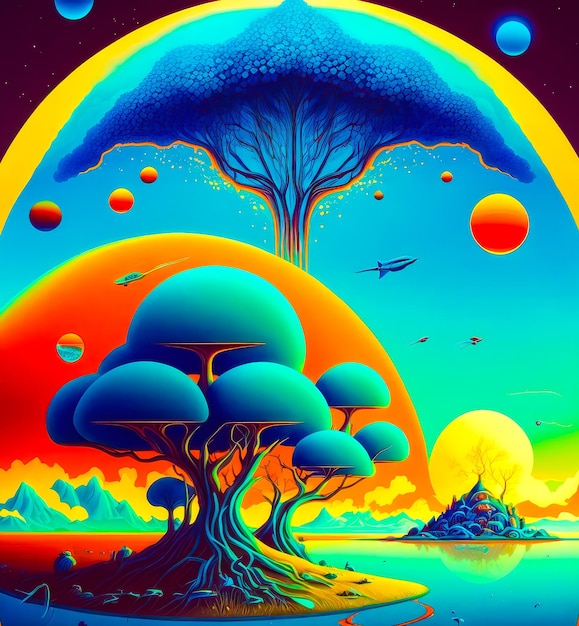 Painting of tree with planets in the background Generative AI