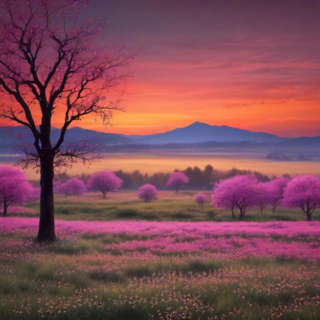 a painting of a tree with purple flowers in the foreground