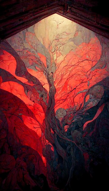 A painting of a tree with a red background and the word tree on it.