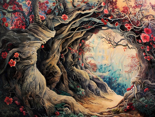 a painting of a tree with red berries on it