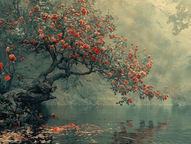 a painting of a tree with red flowers and the word  the word  on it