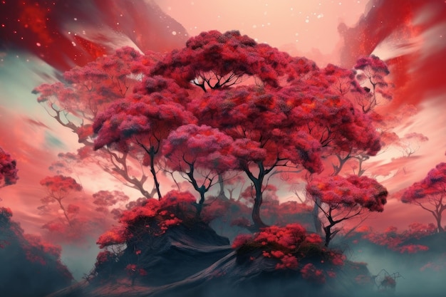 A painting of a tree with red leaves and a sky background