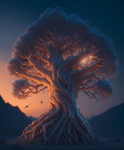 A painting of a tree with the roots of the tree.