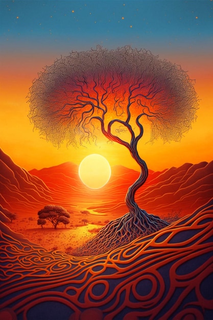 Painting of a tree with a sunset in the background generative ai