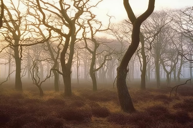 A painting of trees in a forest with the sun shining on them.