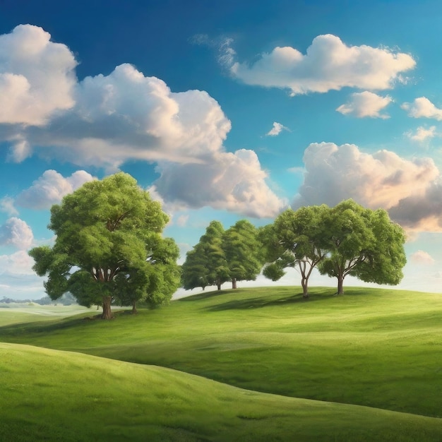 a painting of trees on a green hill with a sky background