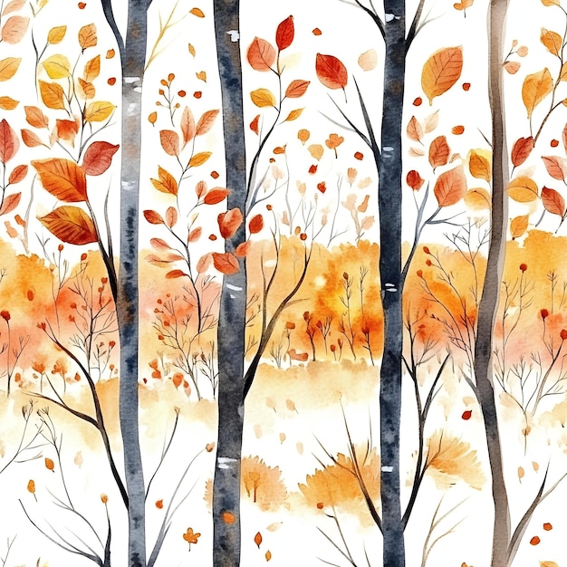 A painting of trees with fall leaves and the word birches