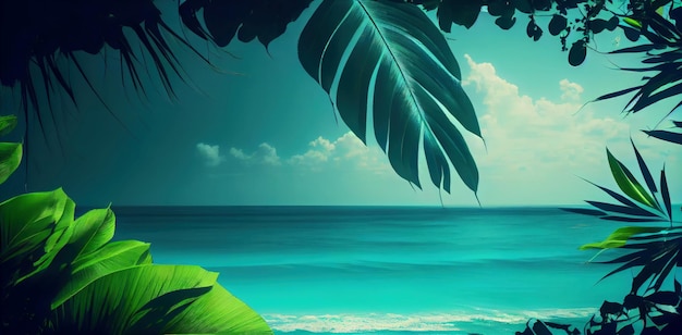 A painting of a tropical beach with palm leaves generative AI