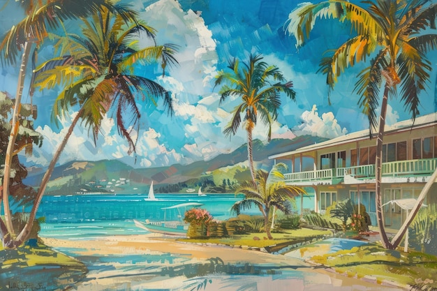 A painting of a tropical beach with palm trees