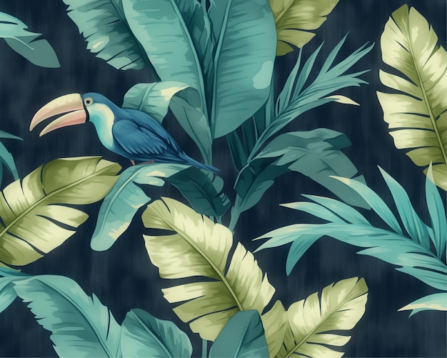 a painting of a tropical bird with leaves and flowers Tropical Pattern with Toucan Bird and Banana