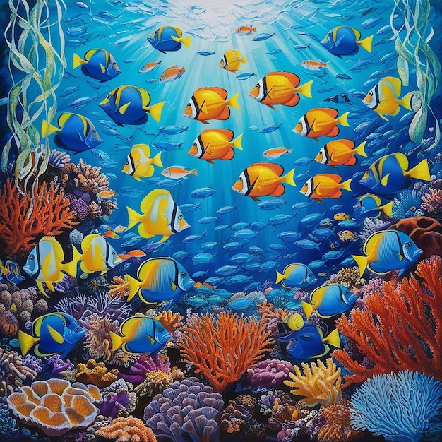 a painting of a tropical fish and corals with the word tropical on the bottom