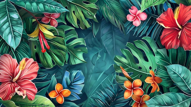 a painting of tropical flowers and leaves