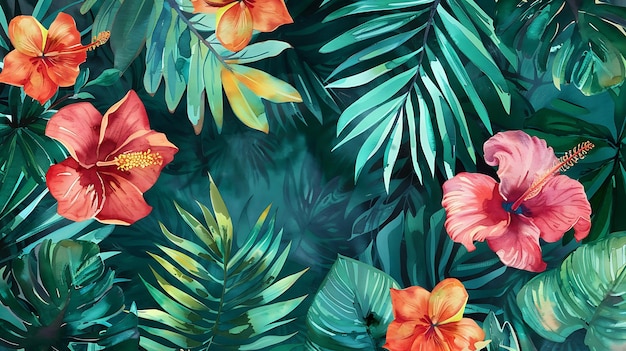 a painting of tropical flowers and leaves